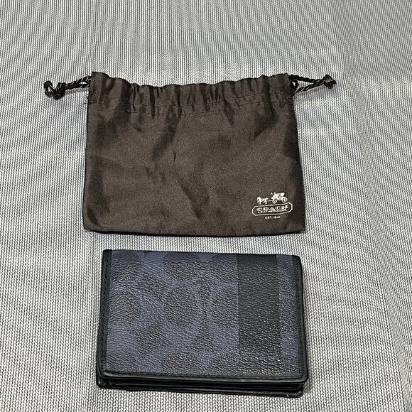 Coach Men Navy Blue Signature Canvas Leather Bifold Wallet ID Window Dustbag - Picture 1 of 13